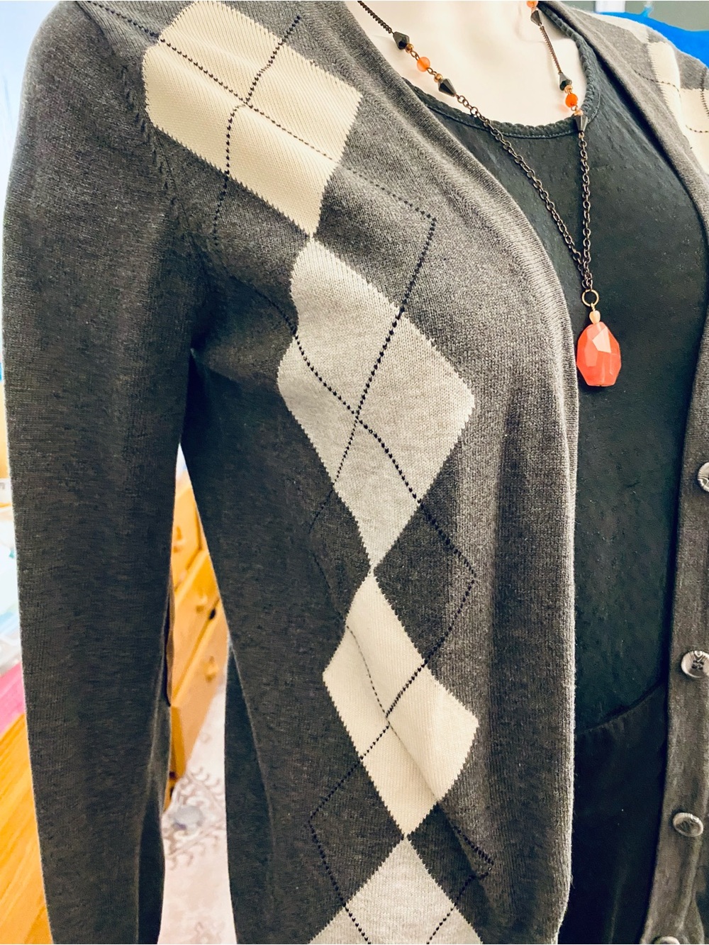 ALFRED SUNG Charcoal, Light Gray & Cream Argyle Cardigan/Jacket. SM-M.